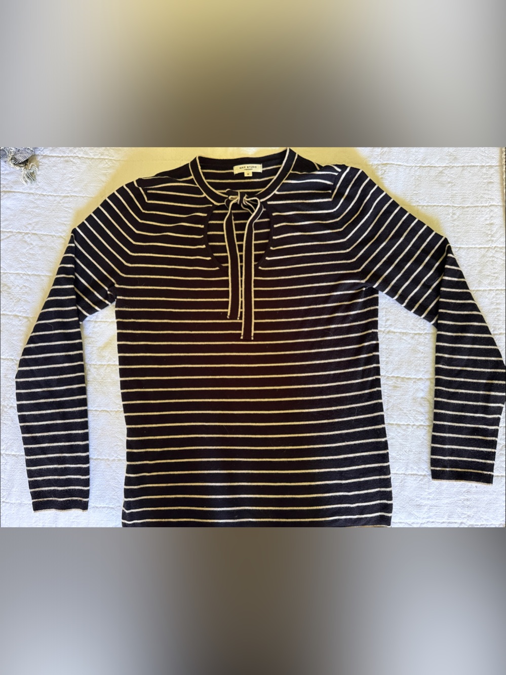 Max Studio Black and Cream Striped Tie-Neck Sweater